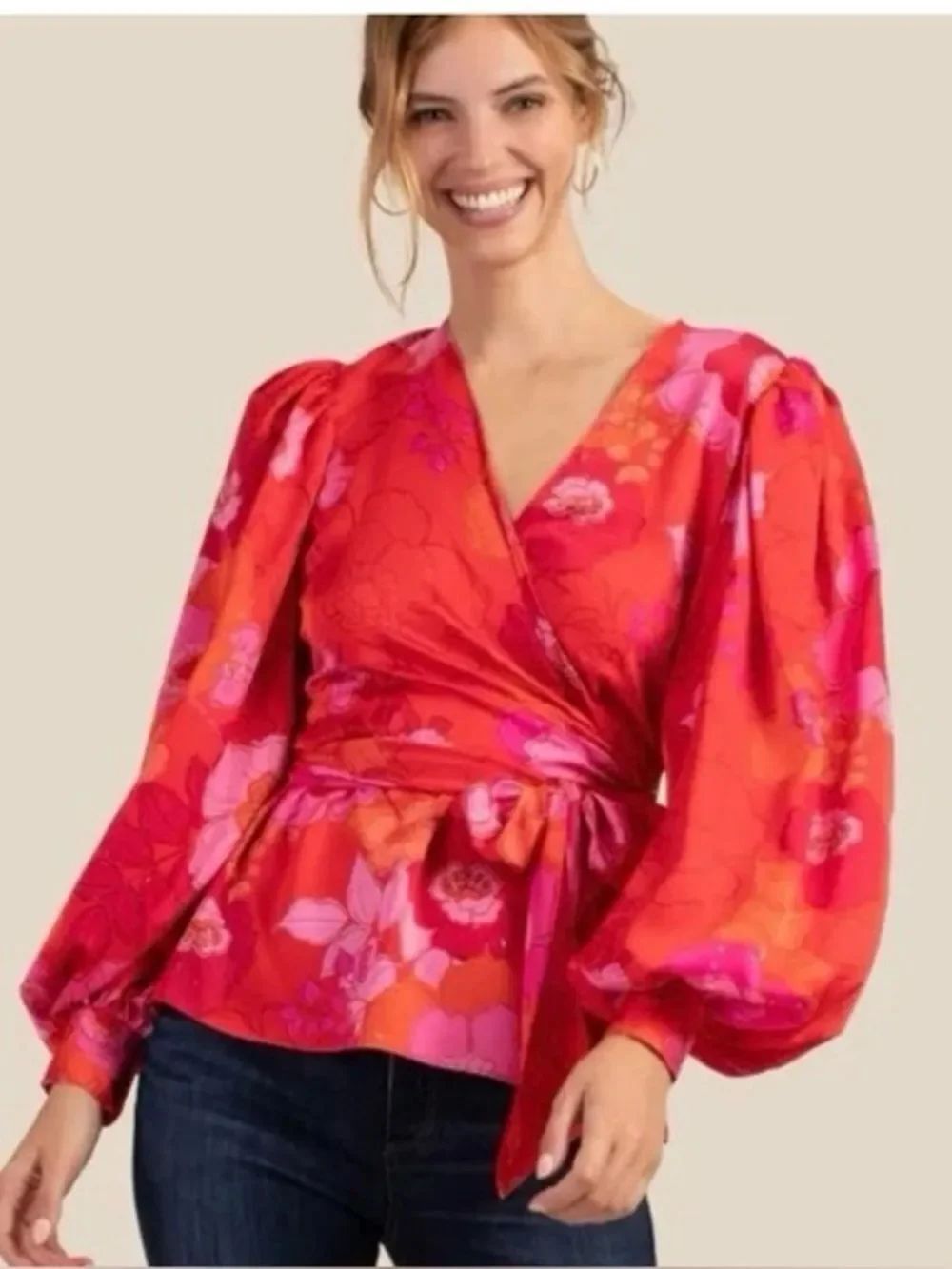 Trina Turk Aquatic Floral Wrap Peplum Blouse in Red and Pink Boho Designer